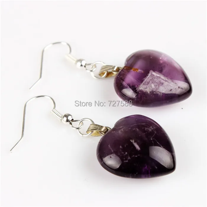 Amethyste Роуз Quartzs Сердца Мотаться Висячие серьги серебро точка Кристалл Исцеления