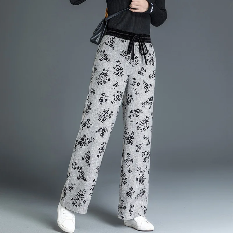Cordón Pantalones Mezcla Alta Sweatpants Shuchan Con De 2018 Moda Mujer Lana Para Invierno Warmed Gris Cintura Estampado xBwAz