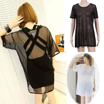 

Women Sexy Solid See through Sheer Mesh Short Sleeve T-Shirt Oversize O-Neck Loose Cover up Tops Hot New Fashion