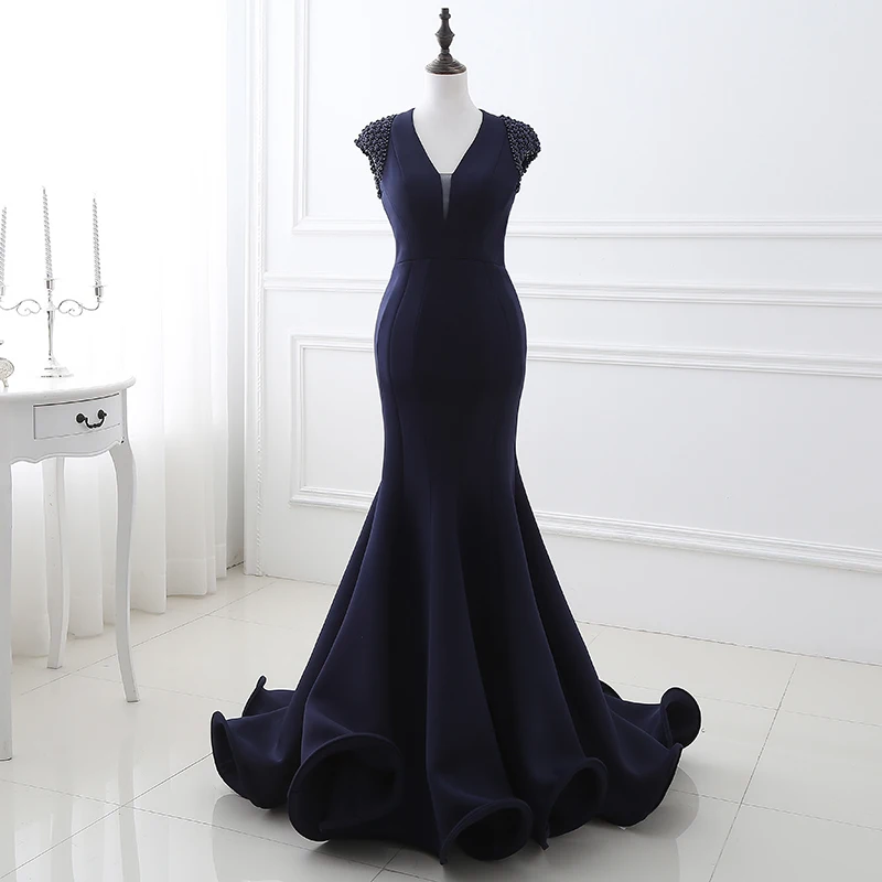 Sexy 2018 Evening Gown for Women V Neckline Open Back Mermaid Evening Dresses Long Blue Satin Beaded