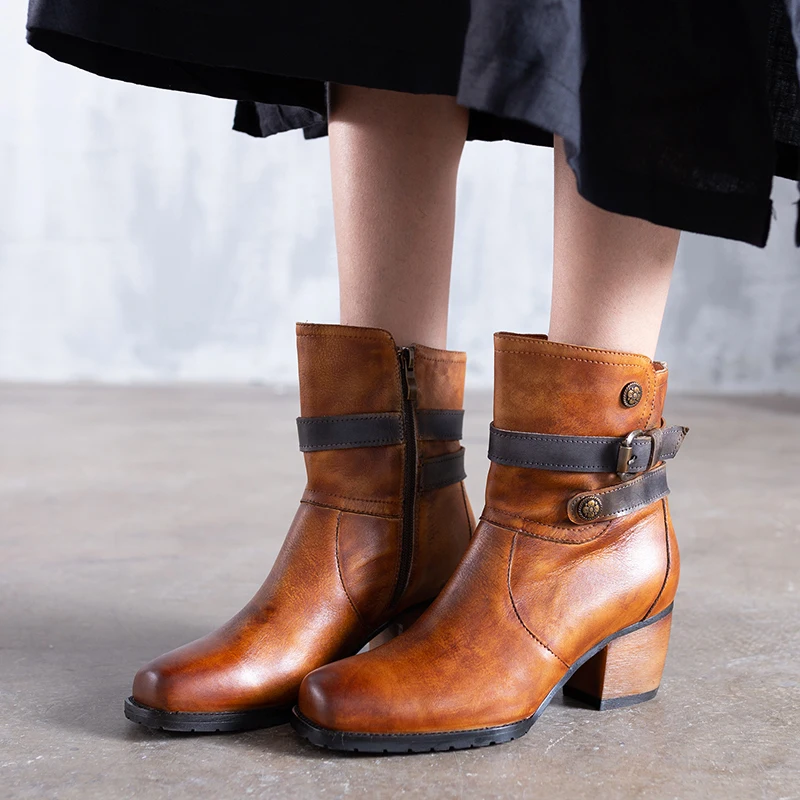 

2018 VALLU Shoes Women Boots Buckle Zipper Handmade Vintage Genuine Leather Square Toes High Heel Ladies Boots