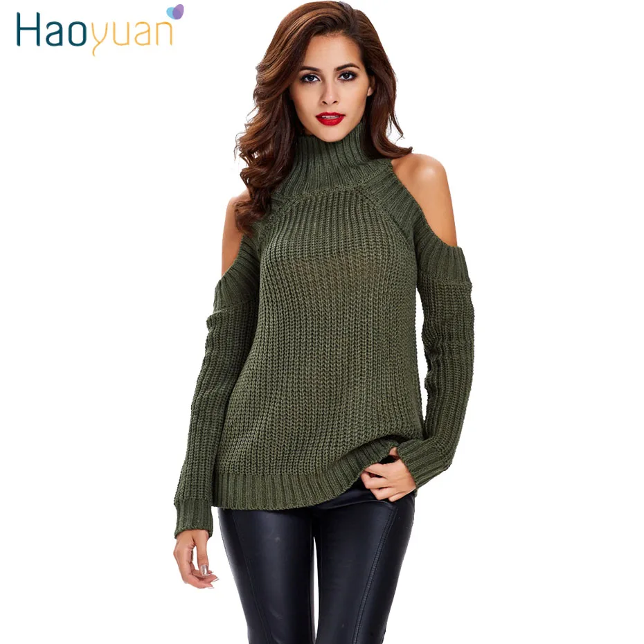 HAOYUAN الياقة المدورة الباردة الكتف محبوك سترة المرأة عارضة الشارع الشهير 2018 الخريف الشتاء البلوز مثير الكورية السترة سترة
