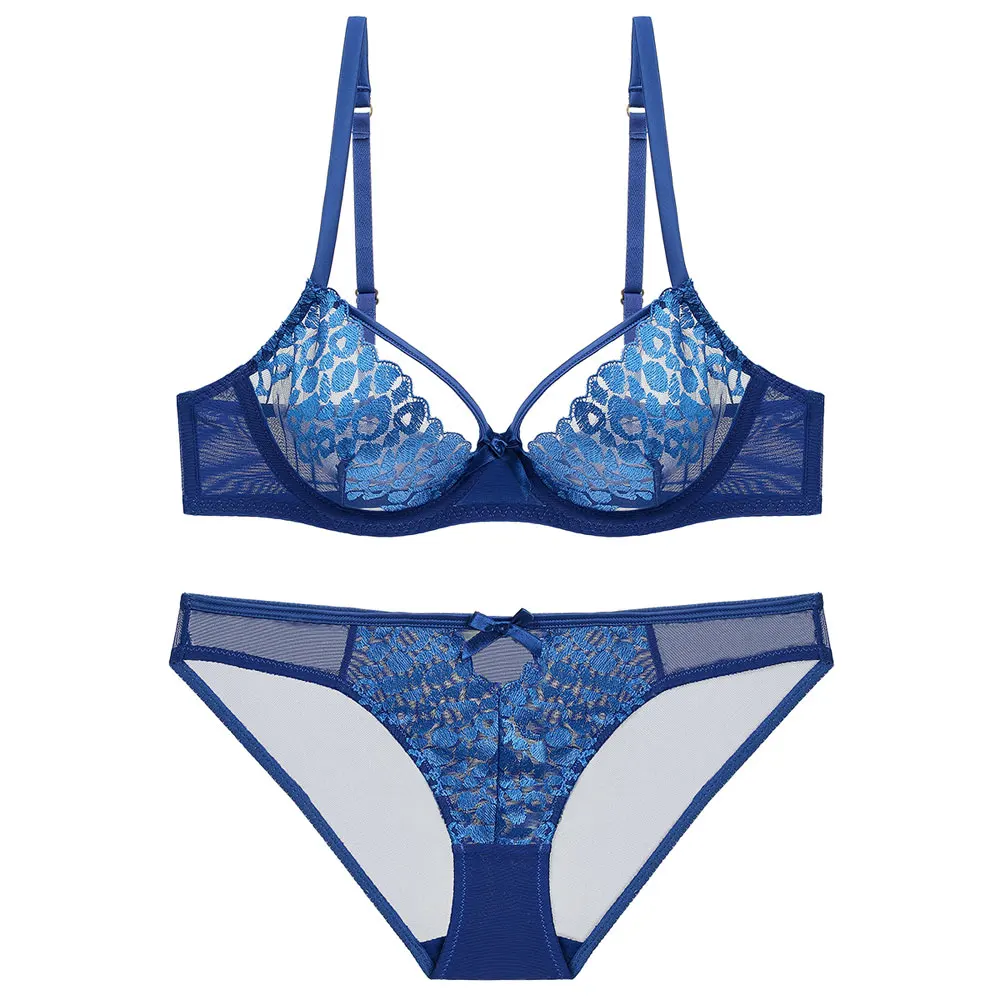 

Fashion Unlined Bra and Panty Set Sexy Transparent Mesh Underwear Push Lace Embroidery Seamless Breathable Lingerie for Female