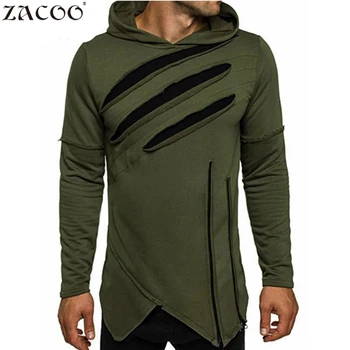 

Men Slim Holes T shirts Fashion Scratch Design Pullover Solid Green Hooded Long Sleeve Tops Irregular hem T-shirts SAN0