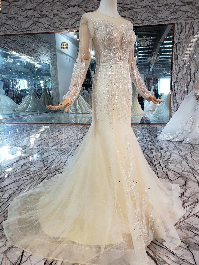 LS11845 Свадебные платья русалки с круглым вырезом и длинным рукавом, простые свадебные платья со съемным шлейфом, фабричная реальность
