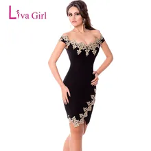 Liva Girl 2017 Roupas Feminina Sexy Party Robes Gold Lace Applique Black Off Shoulder Mini Dress Vestidos De Festa Elegantes