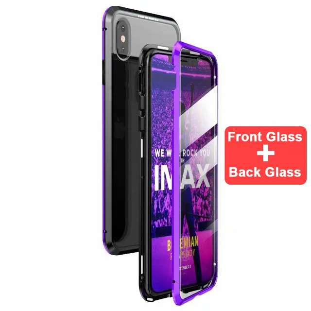 Магнитный чехол для Iphone XS MAX X 7 8 Plus, металлический чехол для телефона, двухсторонний чехол из закаленного стекла 360, чехол s Fundas Capa Carcasa - Цвет: Black purple