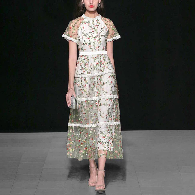 Elegant Female Fashion Summer Embroidery Dress For Women O Neck Short Sleeve High Waist Slim Midi Dresses