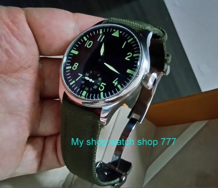 

green luminous 44mm parnis 6498 / ST3621 17 jewels Mechanical Hand Wind movement butterfly buckle men's watches 380A