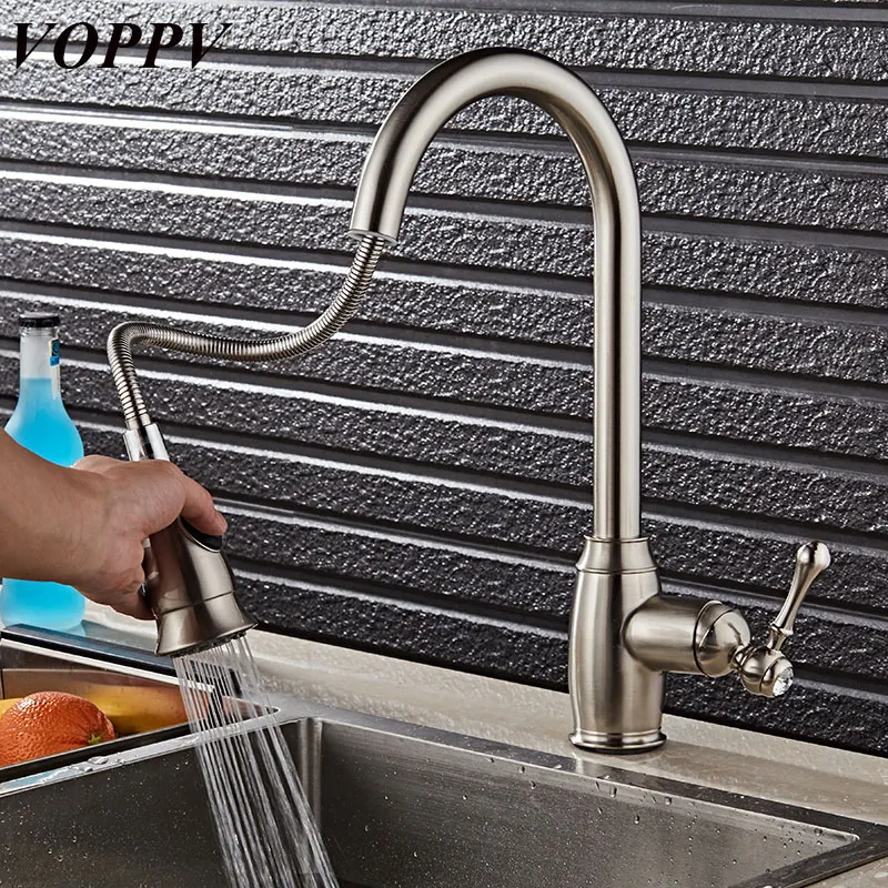 

VOPPV Modern Pull out Brass Mixer Sink Faucet for Kitchen Single Holder 360 Degree Rotation Deck Mounted Faucets for Kitchen Tap