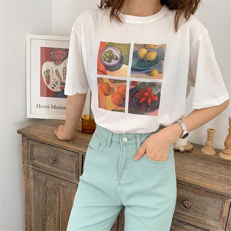 

Vintage Fruits Oil Painting Print O Neck Short Sleeve Women T-shirt Fashion Casual Loose Summer Girls Tees