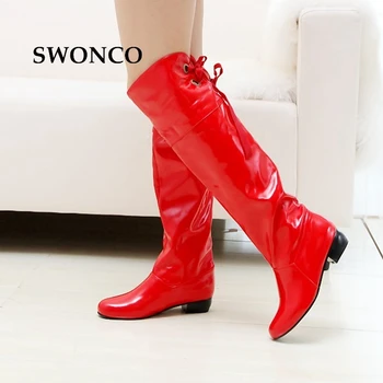 

SWONCO Women's High Boots 2018 Autumn Winter PU Leather Knee-high Boot Female Shoes Leather Boots Women Black Shoes Size 34-47