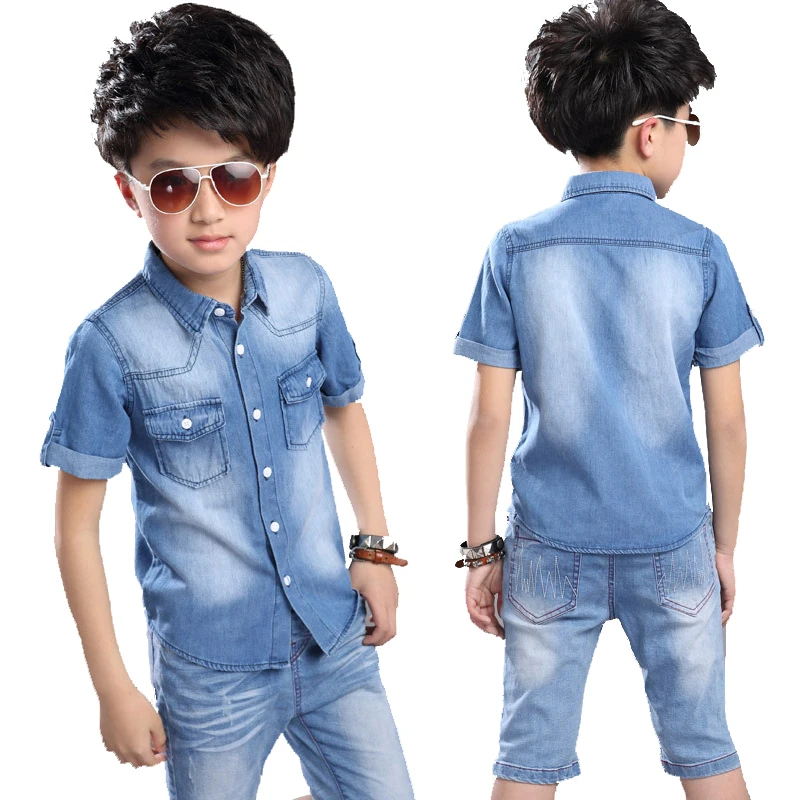 Boys Clothes Boys Summer Set 2pcs Cowboy Shirt +Shorts Teenager Boys Casual Set Short Sleeve