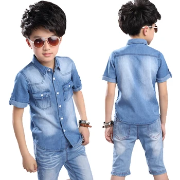 

Boys Clothes Boys Summer Set 2pcs Cowboy Shirt +Shorts Teenager Boys Casual Set Short Sleeve shirt Short Pants Boys Cotton Suits