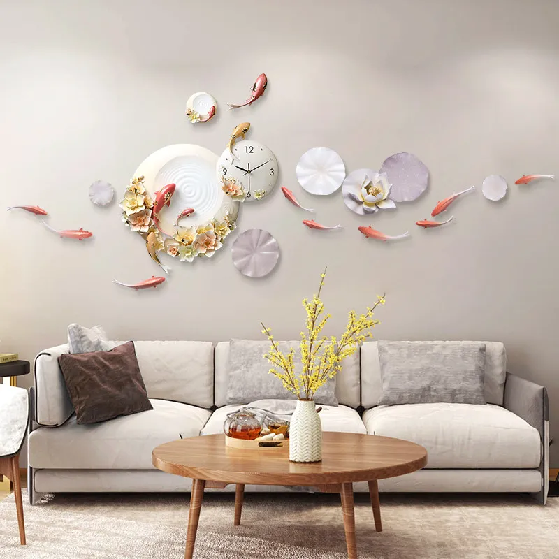 

Luxury Emboss Wall Clocks Decoration Crafts Hotel Home Livingroom Sofa TV Background Wall Resin Flower Fish Mural Ornaments Art