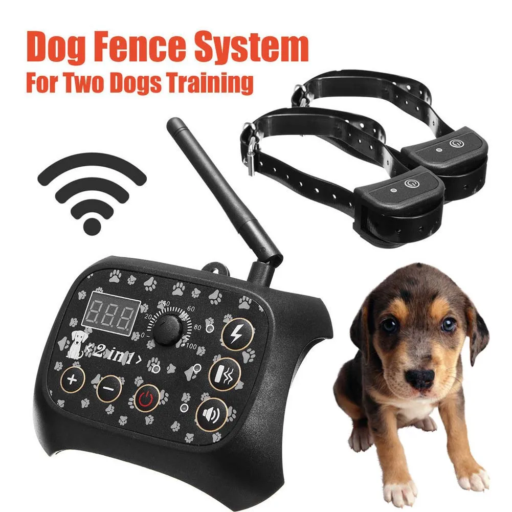 

Wireless Dog Training Shock 2 Collar Fence Containment Pet Trainer Dogs System E2S