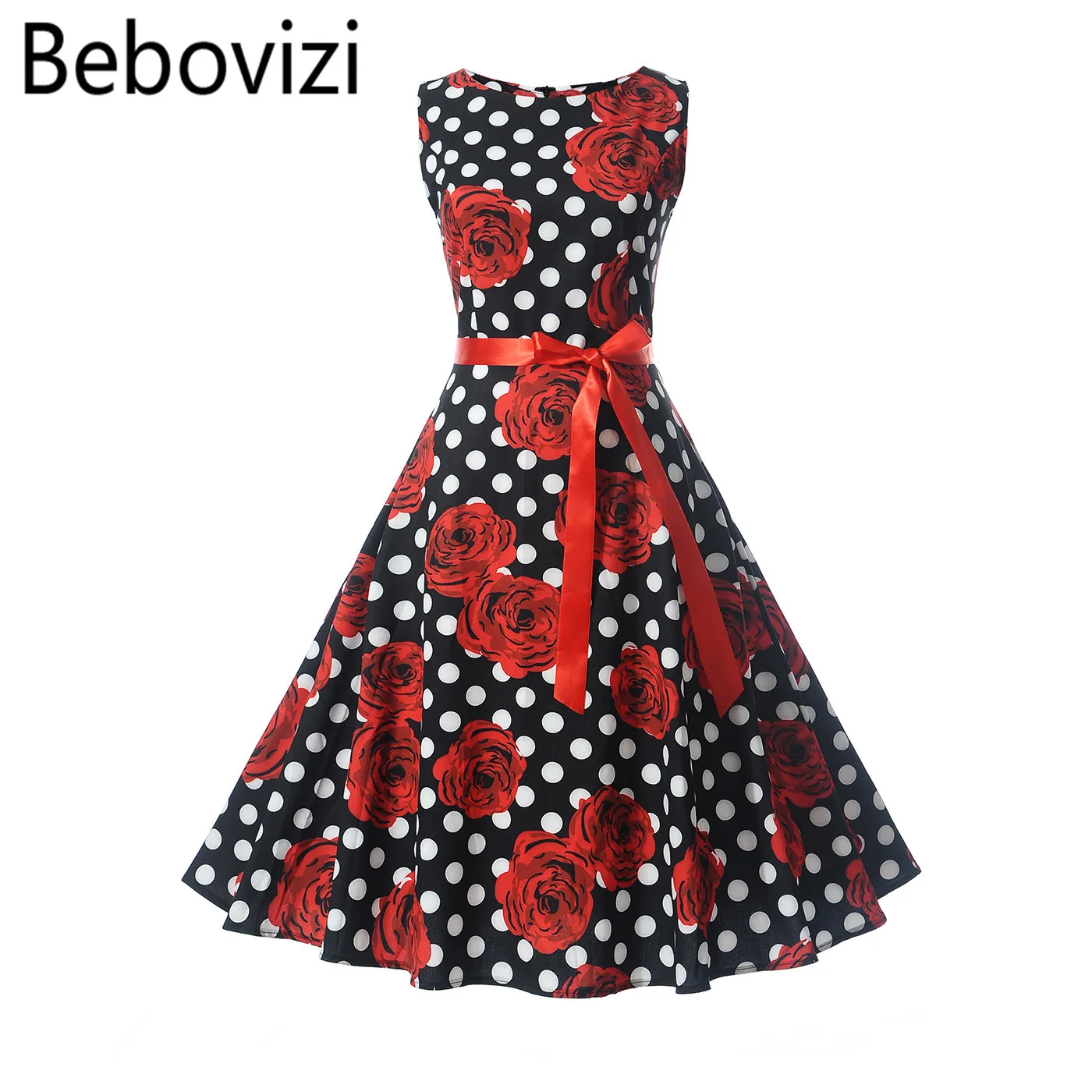 

Bebovizi 2018 Summer Red Rose Vintage Retro Hepburn Dress for WomenBig Hemlines Swing Party Rock Dresses Festa Clothing Vestidos