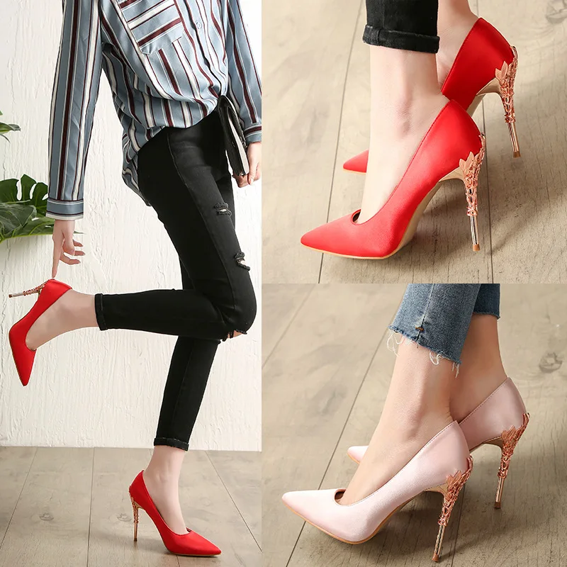 

2018 banquet metal and women's shoes shallow mouth pointed satin high heel women's shoes.