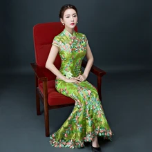 Chinese Traditional Green Lace Fish Modern Qipao Long Wedding Embroidery Cheongsam Dress Bride Traditions Oriental Evening Gown