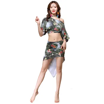 

2018 New Women Belly Dance Clothing Off Shoulder Middle Sleeves Dress Top Skirt 2 Pieces Set Leopard Costume