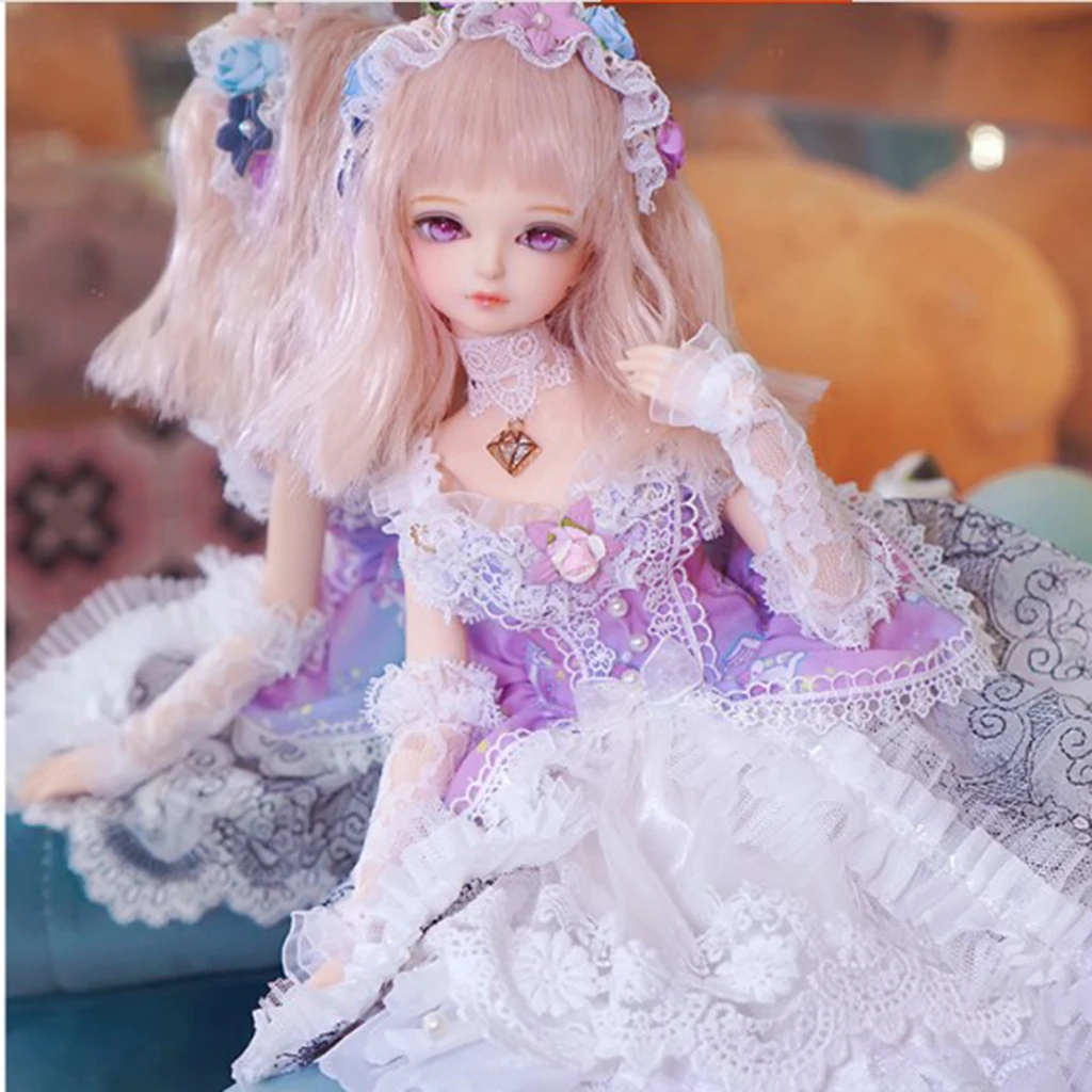 Purple Party Gown Dress Lace Sleeves Necklace Garland For1/4 BJD Doll Outfit Clothing Dress Set for Girl Doll