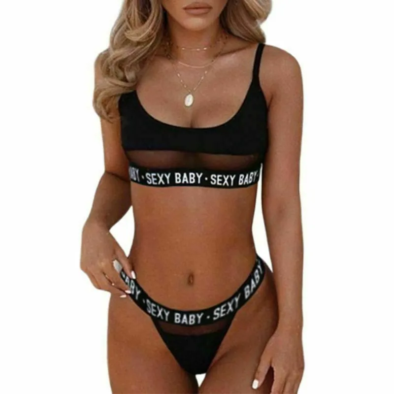 

Women Sexy Black White Letter Print Triangle Swimsuit Bikini Set Perspective Swimwear Beathing Beachwear Femal