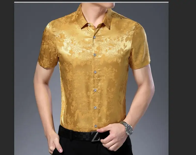 Высококачественная Мужская Летняя шелковая рубашка с цветочным принтом, элегантные мужские рубашки с коротким рукавом из мягкого шелка