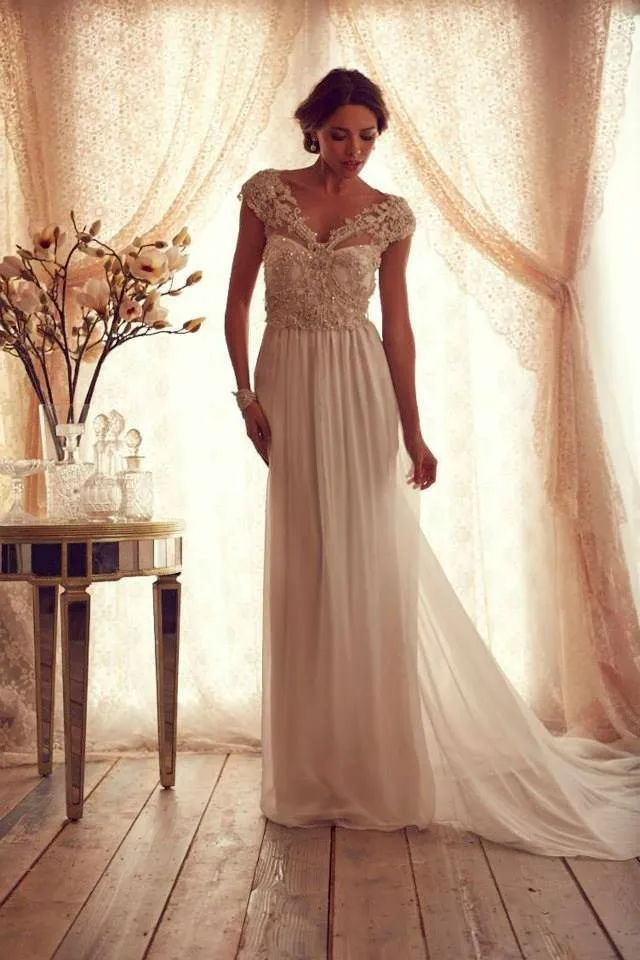 2015 New Arrival Beaded Crystal Short Sleeve Elegant Chiffon Beach Wedding Dresses Size 2 4 6 8 10 12 14 16 18 20 ++ Custom W213 | Свадьбы и