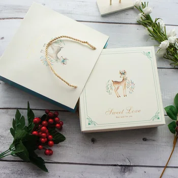 

18.5*18.5*6cm 3set winter light blue elk design Paper Box + bag as Cookie candy Chocolate handmade Gift Sweet Christmas use
