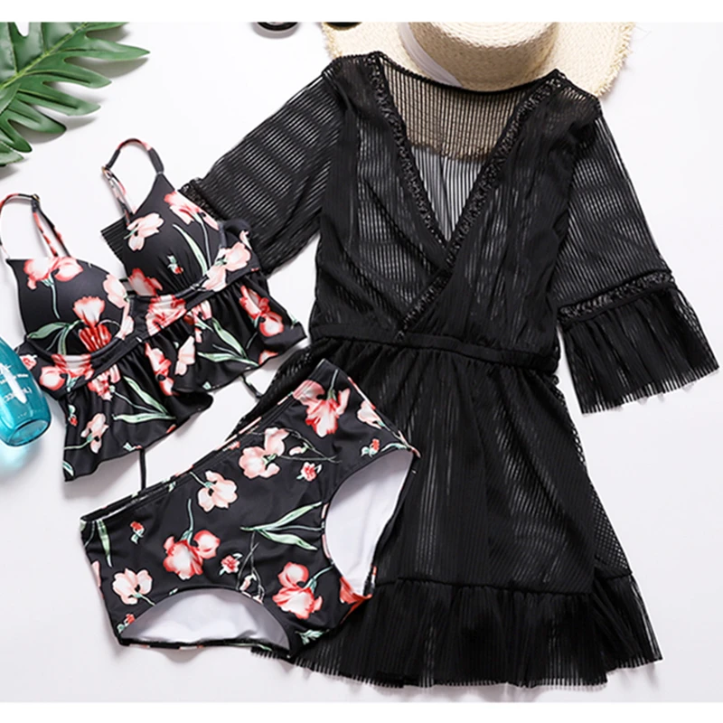 

2018 New Smock Bikini Three-piece Suit Female Small Chest Steel Bracket Together Cover The Belly Show Thin Body Skirt Swimsuit