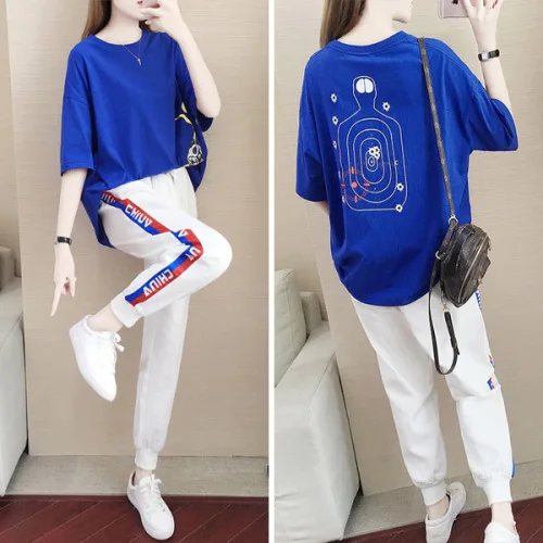 

Brief 2019 New Print 2 Pcs Set Vintage Letter Striped Sport Suit Women Fashion Casual Pocket Korean Two Piece Set
