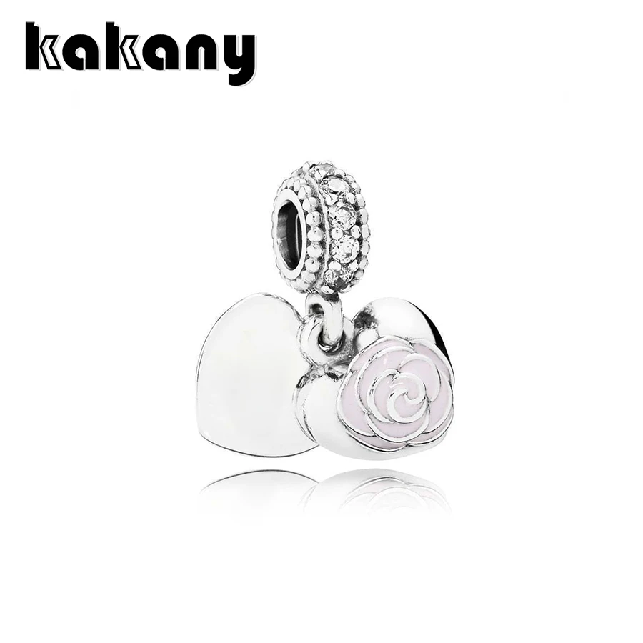 

2019 High Quality 1:1 Original Mother's Rose Dangle Charm, Pink Enamel & Clear Cz Fashion Women's Diy Jewelry