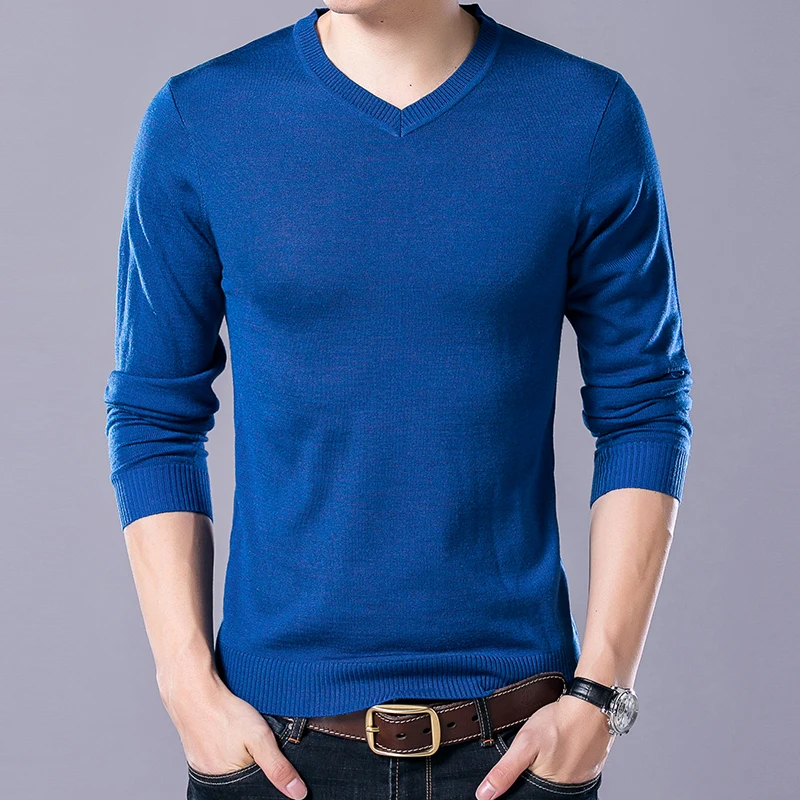 dark blue MoneRffi мужской осенний тонкий шерстяной свитер офисный мужской Однотонный свитер с длинным рукавом v-образным вырезом Тонкий Мужской Повседневный свитер пуловер - Цвет: dark blue