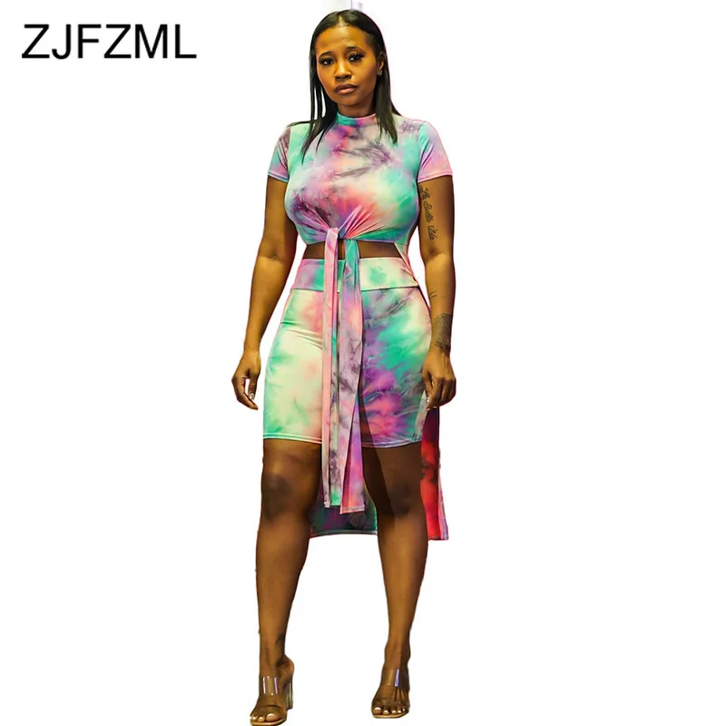 

Colorful Tie Dye 2 Piece Set Summer Clothes For Women Short Sleeve Long Tops And Skinny Shorts Sweat Suit Two Piece Beach Outfit