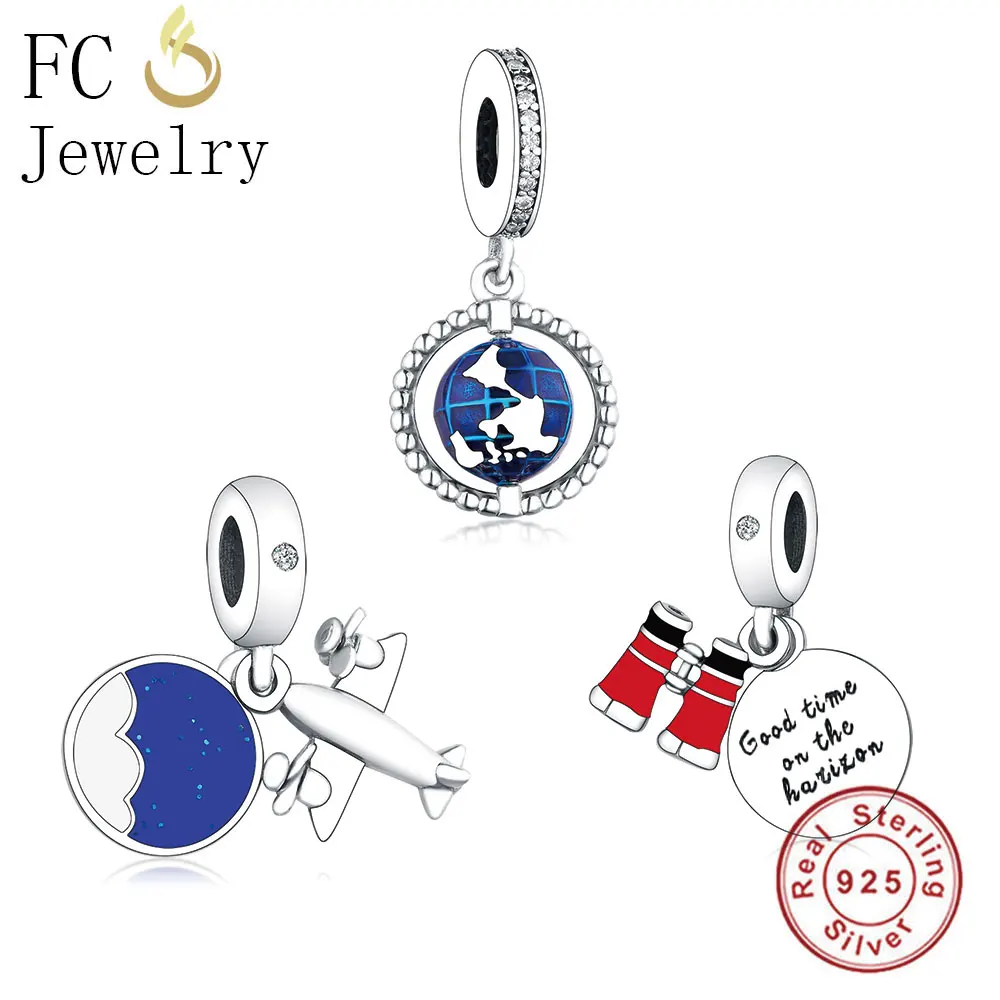 

FC Jewelry Fit Original Pandora Charm Bracelet 925 Silver Travel Aircraft Plane Blue World Globe Bead Trip Making Baby erloque