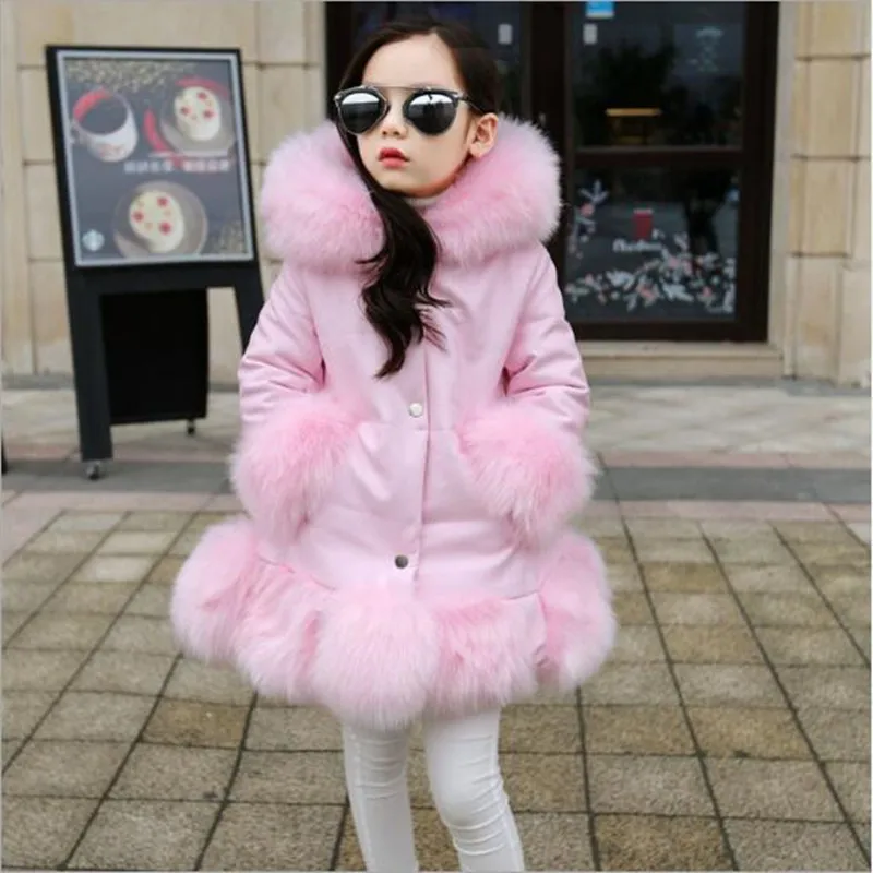 

Kid girl PU leather patchwork fox faux fur collar jacket coat down parkas thicken coat princess winter outerwear fur coat QC944