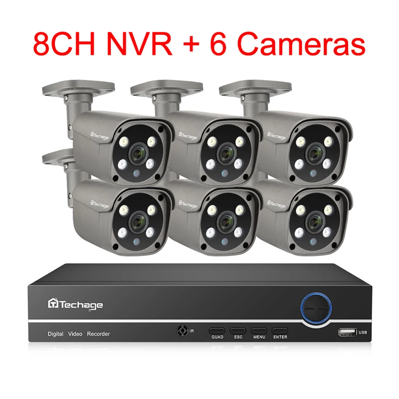 8CH NVR and 6 Camera Techage H.265 8CH 5MP POE NVR комплект CCTV система безопасности двухсторонняя аудио AI IP камера Открытый Водонепроницаемый P2P комплект видеонаблюдения - Цвет: 8CH NVR and 6 Camera