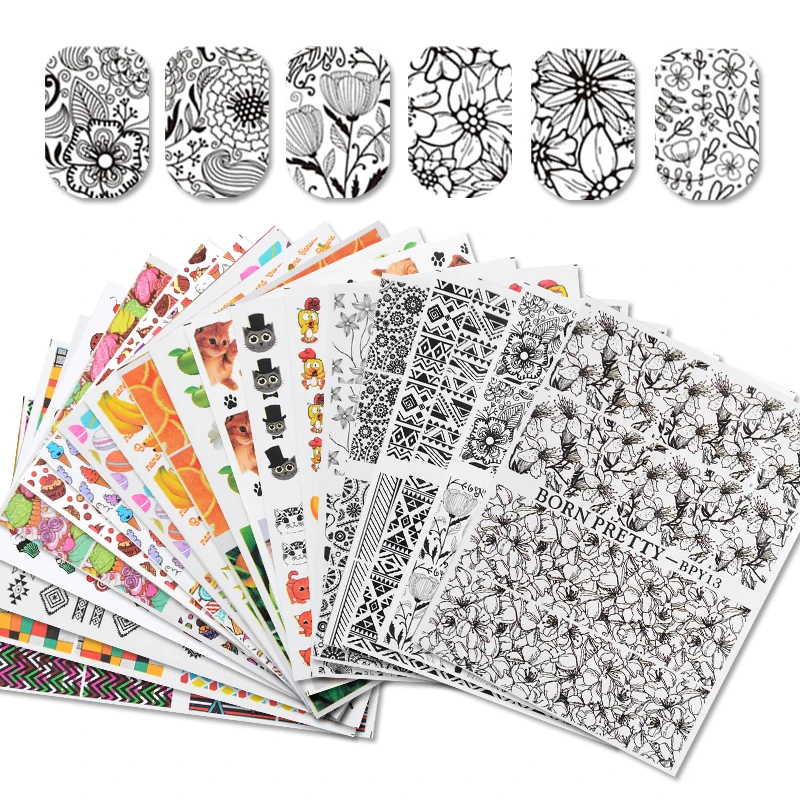 

BORN PRETTY Flower Water Decals Nail Art Transfer Sticker Checked Arabesque Wave Line Nail Decoration Sticker