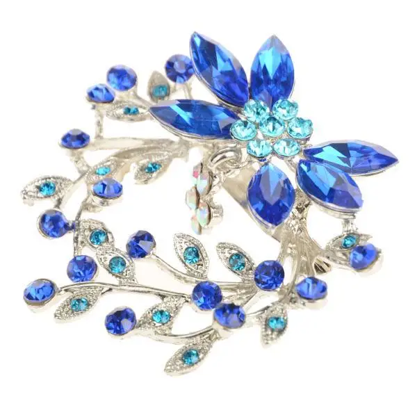 Trendy Blue Rhinestone Crystal Flower Leaf Brooches Silver Plated