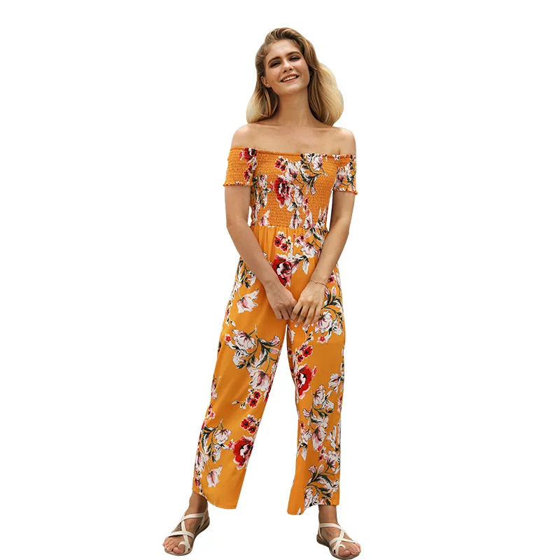 2018 Summer Beach High waist Print Women Jumpsuit Vacation sweet chiffon playsuit casual Slash neck jumpsuits Leotard Overalls