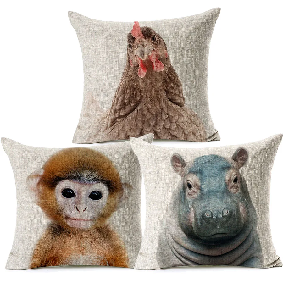 

Hippo Birman Cat Cock Elephant Tiger Hedgehog Baby Animals Cushion Cover 45X45cm Linen Throw Pillow Cover Baby Room Sofa Decor