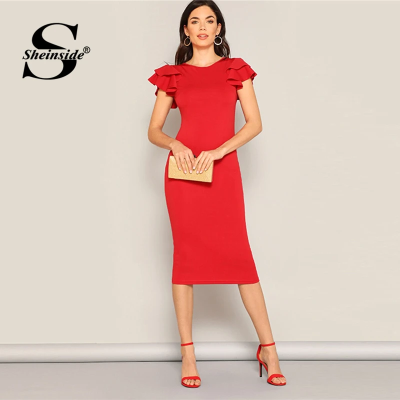 

Sheinside Red Layered Ruffle Sleeve Pencil Dress Women 2019 Summer Sexy Backless Crisscross Dresses Ladies Solid Midi Dress