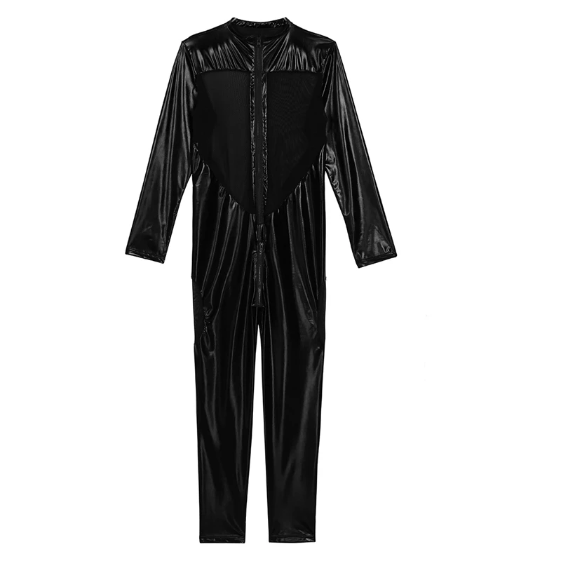Unisex Catsuit Cosplay Costume Black Metallic Shiny Zentai Full Bodysuit Mesh Splice Latex For Men Women cosplay costume adult unitard