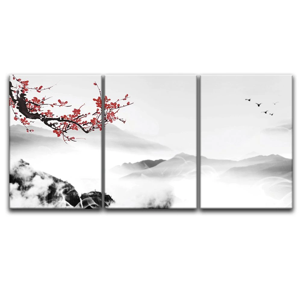 HD Print Chinese Ink Painting Style Landscape Mountain and Plum Blossom Sakura Cherry Tree Summer Time Vintage Cultural Artwork
