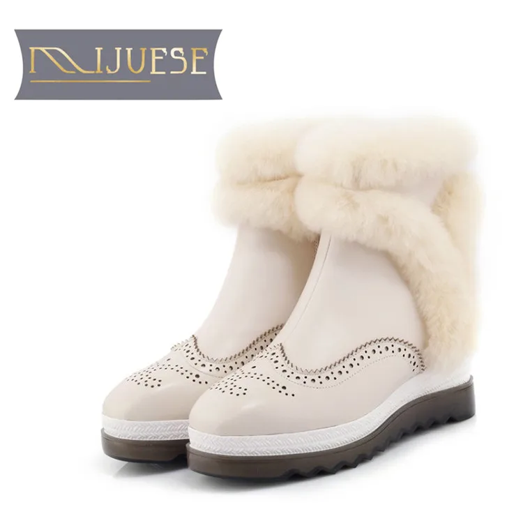 

MLJUESE 2019 women Mid-calf boots cow leather cutouts brogue style winter warm short plush fur female boots snow boots