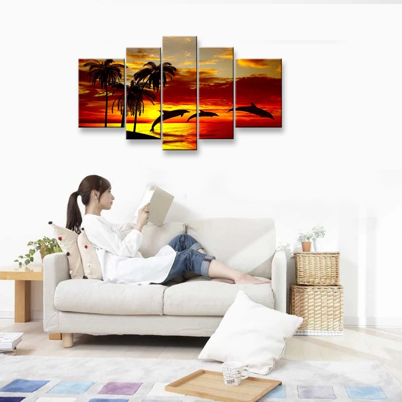 hand-painted oil wall art Sunrise beach dolphins home decoration abstract Landscape oil painting on canvas 5pcsset DY-068 (4)