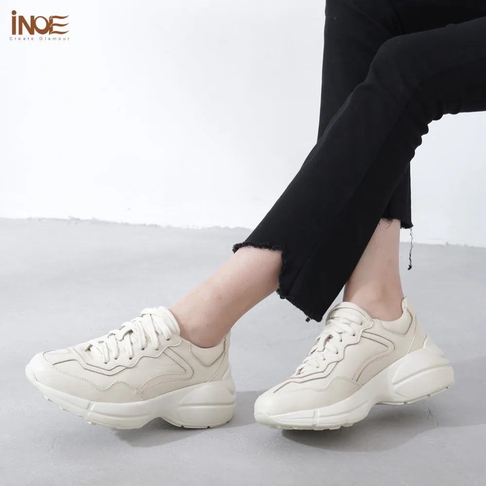 

INOE fashion cow soft genuine leather casual women shoes spring & autumn flats for girls walking sneakers lace up rubble sole
