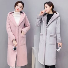 Зимнее женское пальто из искусственной овечьей шерсти с капюшоном из овчины, женские длинные пальто из овчины, Длинные Куртки из искусственной замши W1599