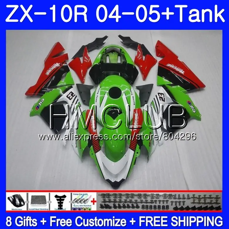 

Bodywork +Tank For KAWASAKI NINJA Green red ZX1000 C ZX 10 R ZX-10R 04 05 22TK.4 ZX10R 04 05 ZX1000C ZX 10R 2004 2005 Fairings