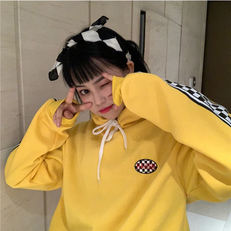 Модные Harajuku BF ветер черный и белый шахматная доска рукава печатных свободные